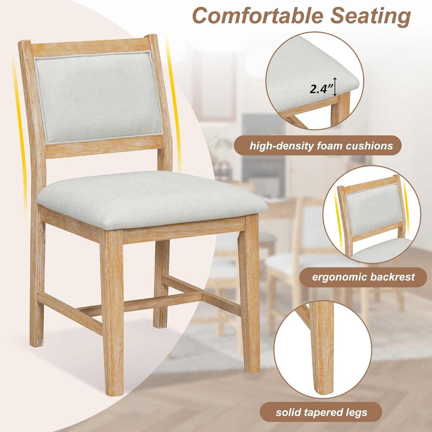 Merax 7 Pieces Retro Dining Set for 6, Rectangular Wood Dining Table with 6 Upholstered Chairs for Kitchen, Living Room, Natural