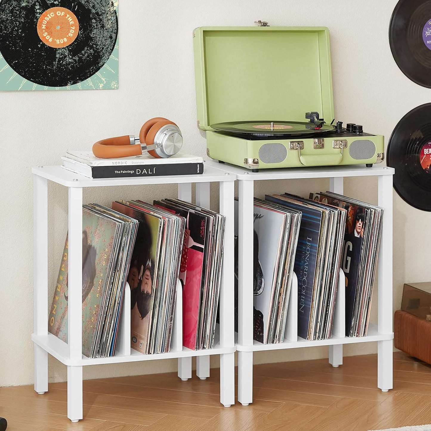 LELELINKY 2-Tier Bamboo Record Player Stand Set of 2 with Vinyl Record Storage up to 100 Albums, Boho Bedroom Record Holder and Multi-Functional End Table for Living Room, White