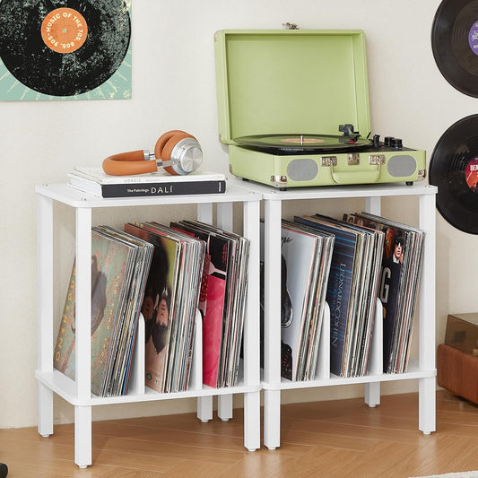 LELELINKY 2-Tier Bamboo Record Player Stand Set of 2 with Vinyl Record Storage up to 100 Albums, Boho Bedroom Record Holder and Multi-Functional End Table for Living Room, White