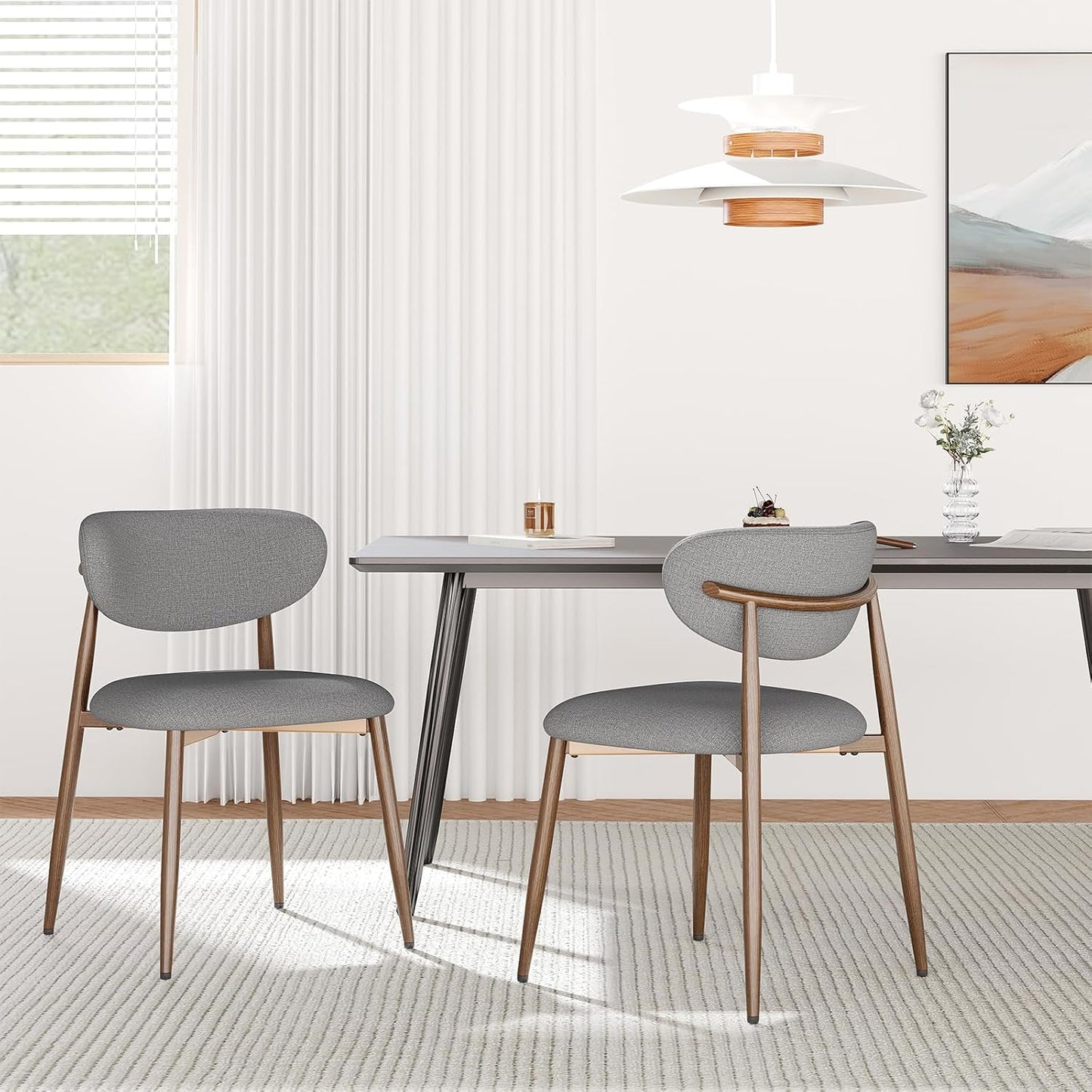 Dining Chairs Set of 2, Ergonomic Fabric Upholstered Seating with Wood Look Metal Legs and Anti Slip Pads, for Home and Restaurant Use, Light Grey