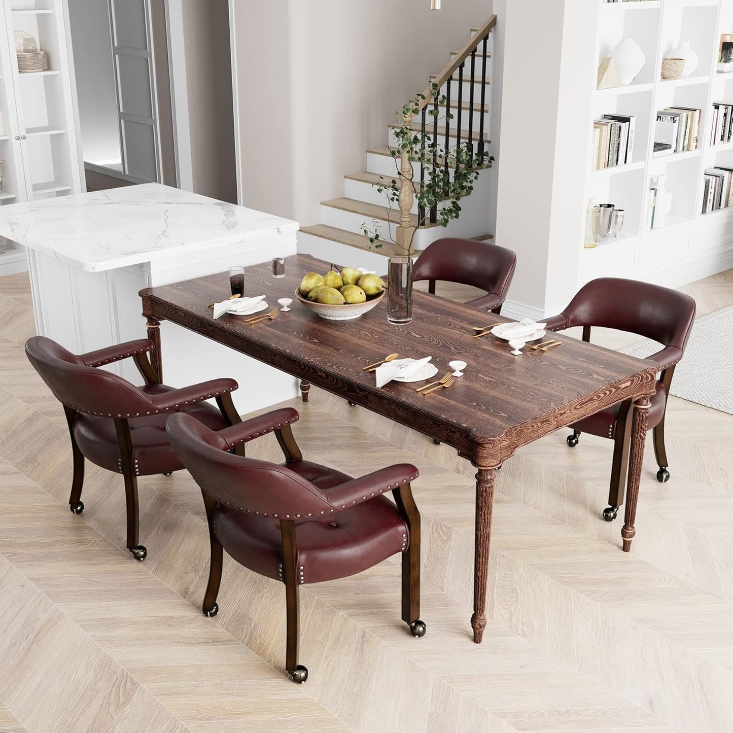 LEEMTORIG Dining Chairs with Casters and Arm, Large Rolling Dining Chairs with Wheel, Poker Table Chairs, Boss Caption's Chairs, 26"D x 25.2"W x 31.5"H, Espresso Legs & Wine Red Brown PU, XXY-1910-WR