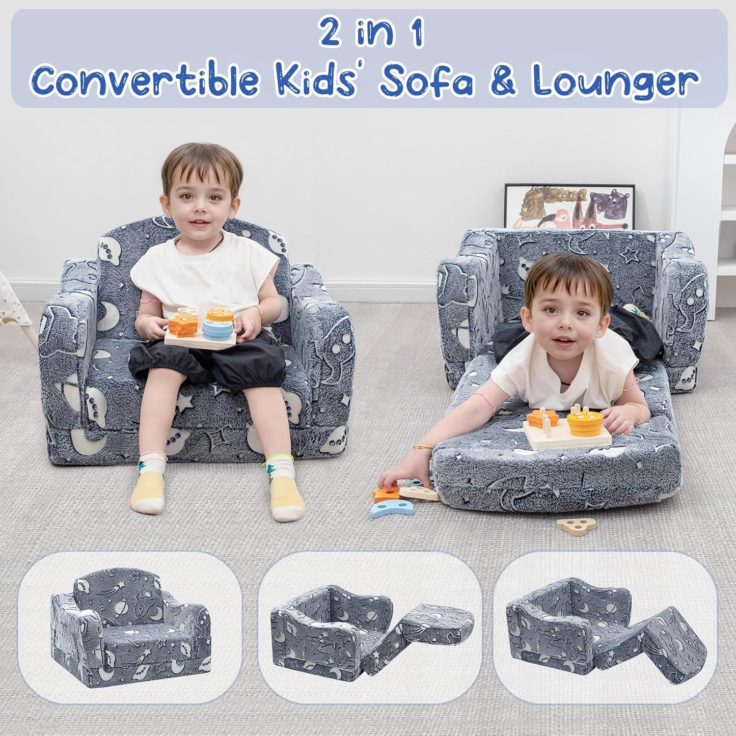 Comfy Toddler Couch and Chair for Kids with Blanket, 2-in-1 Soft Plush Fold Out Kids Sofa Chairs for Girls and Boys, Convertible Sofa to Lounger for Playroom, Glowing Starry Sky