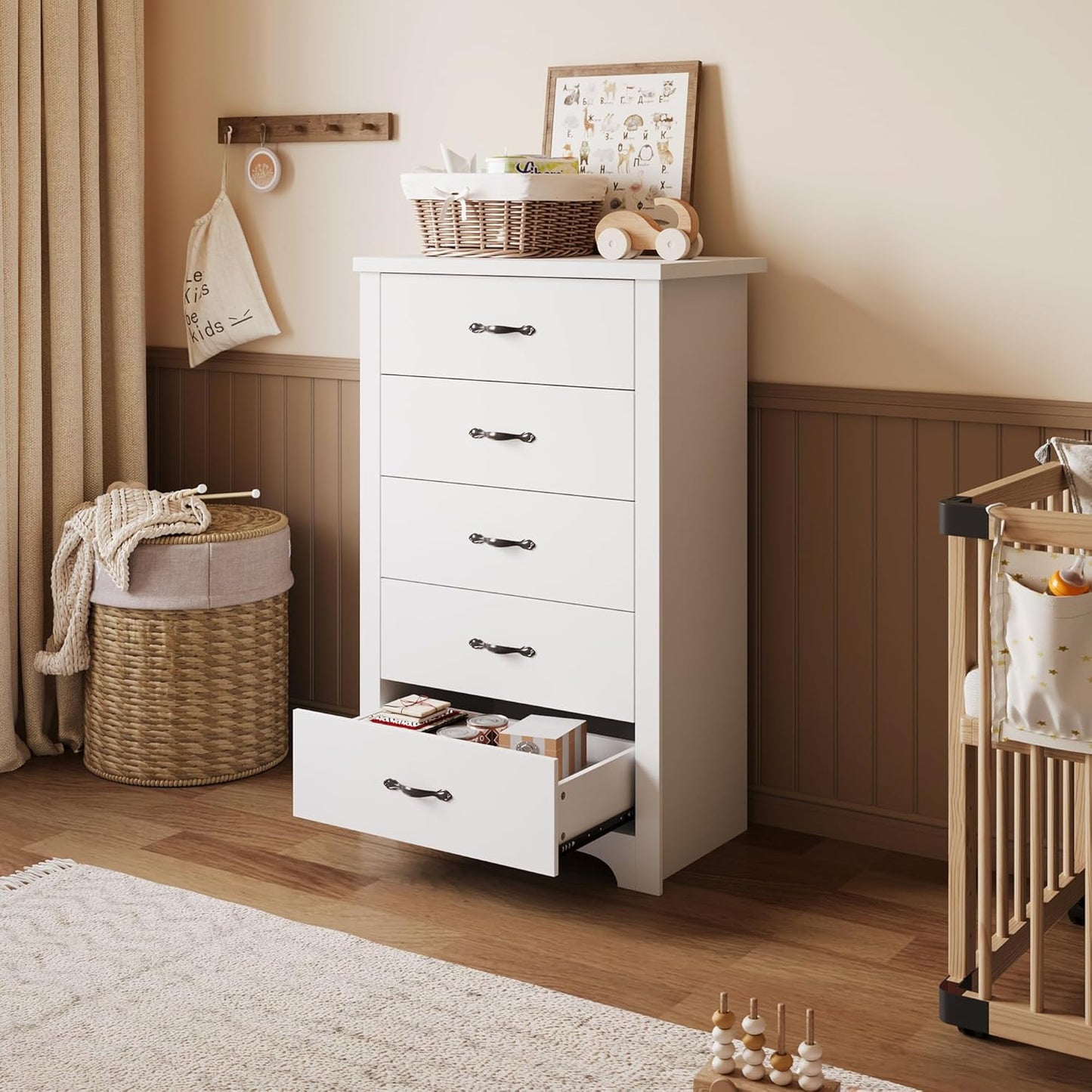 LINSY HOME White 5-Drawer Dresser - Modern Bedroom Chest with Wide Drawers, Wood Storage Organizer for Bedroom or Living Room
