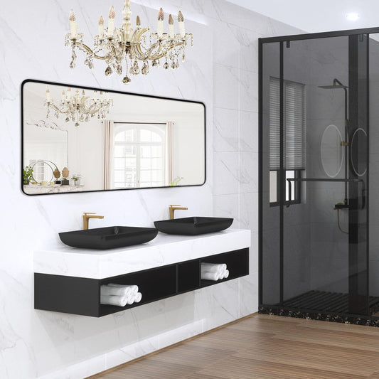 Wall Mount Mirror for Bathroom, Brushed Black Metal Framed Large Rounded Corner Rectangular Vanity Mirror, Tempered Glass (28" x 60", Black)