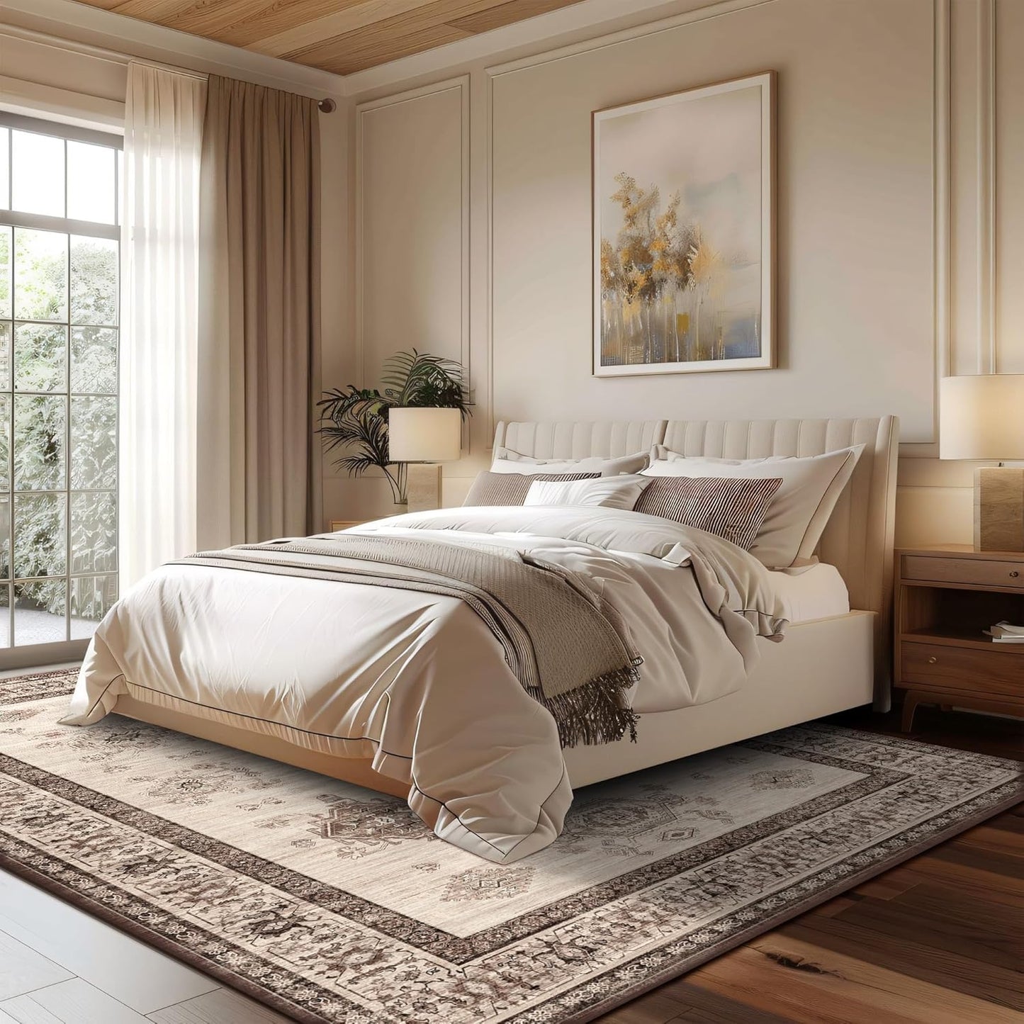 8X10 Area Rugs Machine Washable Rugs for Living Room, Vintage Boho Large Rugs for Bedroom Dining Room, Non Slip Indoor Soft Distressed Lightweight Thin Low Pile Carpet, Beige