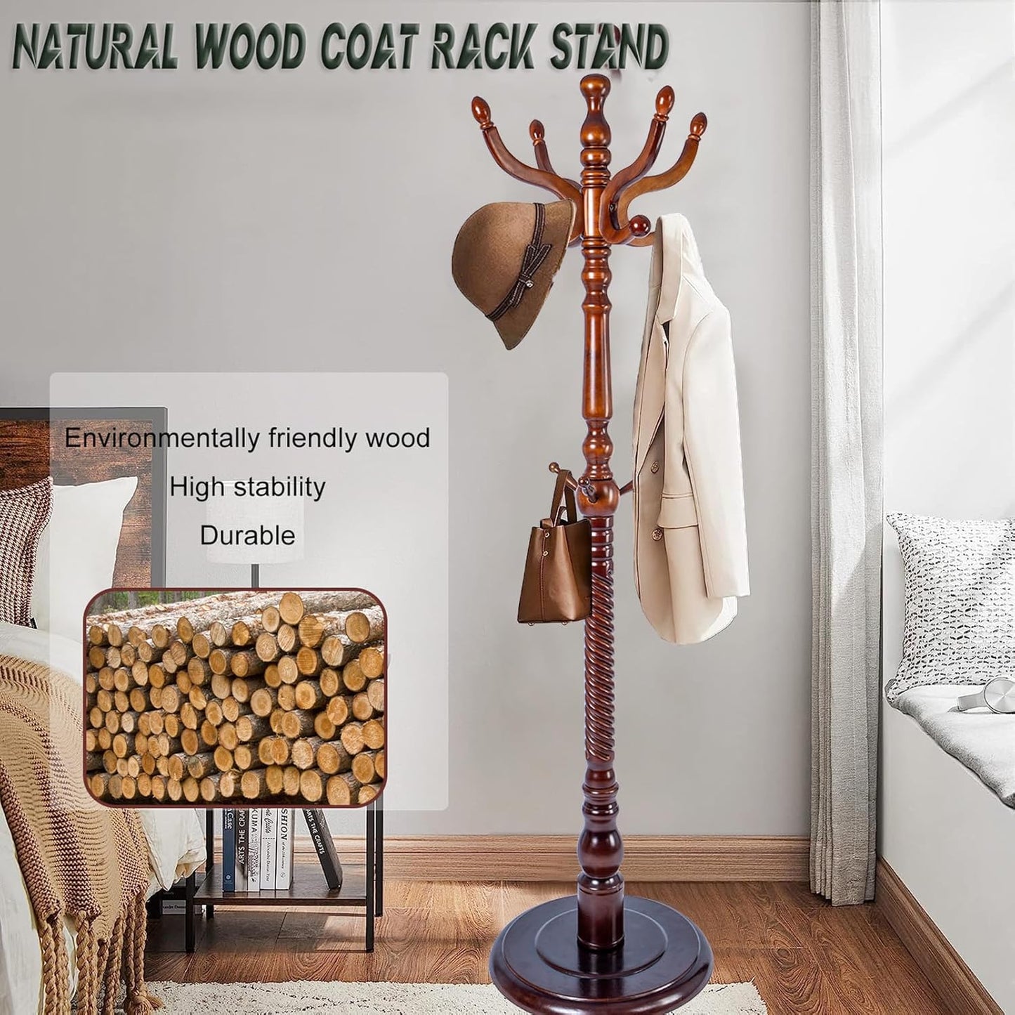 73" Wooden Coat Rack Stand,Coat Racks Freestanding With 11 Hooks And Solid Round Base Heavy Duty Adjustable Height Hall Tree Coat Rack for Entryway Hallway Foyer Office Bedroomf (Antique Color)