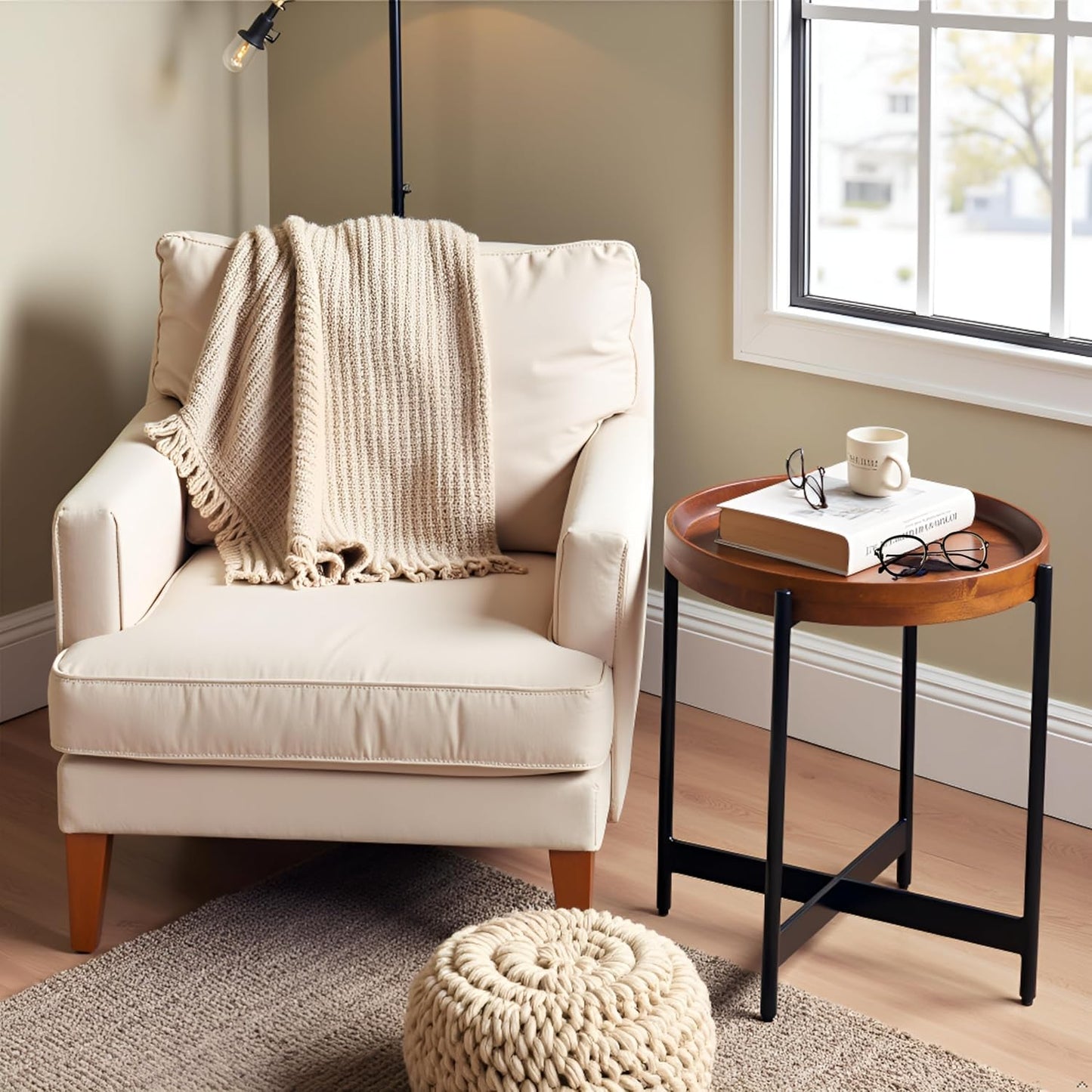 Alaterre Furniture Brookline 20" Round Wood End Table – Solid Top with Tray Edge and Black Metal Legs – Rustic Farmhouse Accent Table for Living Room, Bedroom, or Small Spaces (Medium Chestnut)