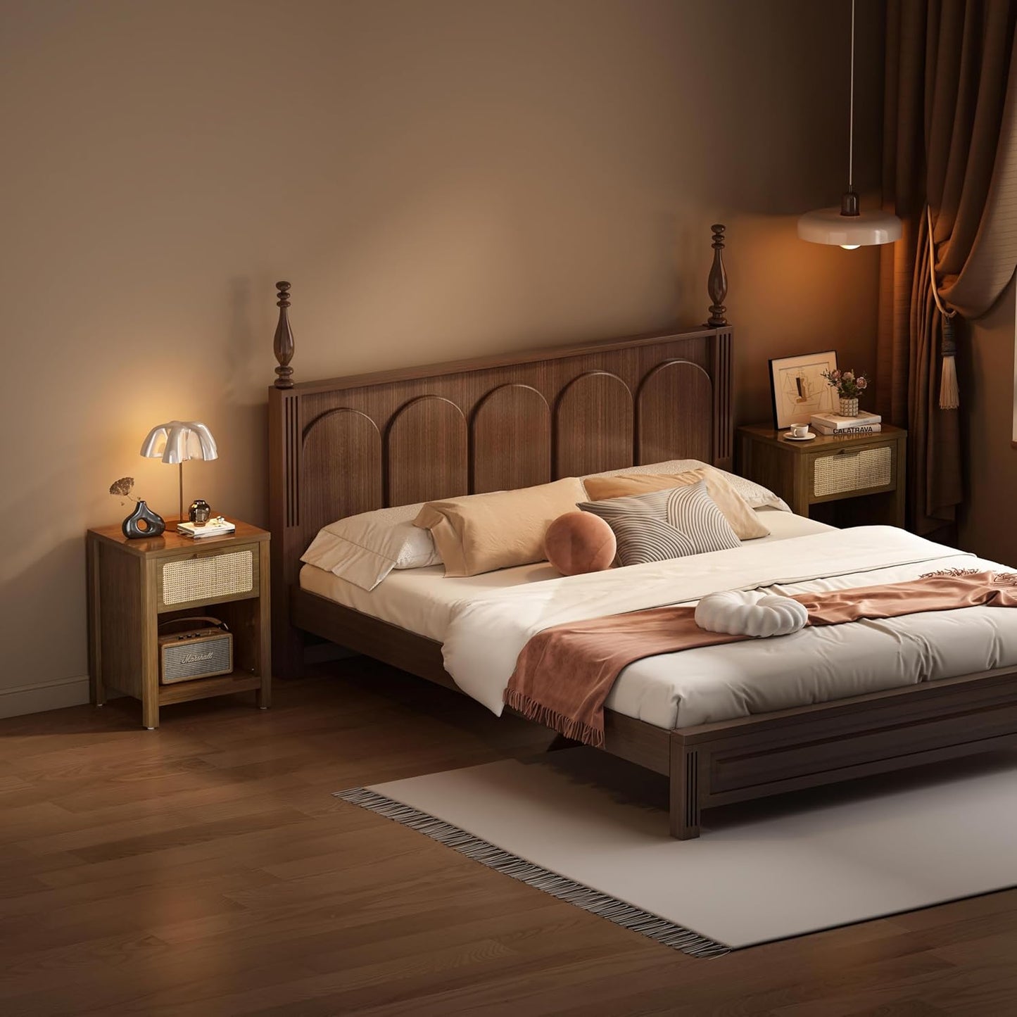 Rattan Nightstand, Mid Century Modern Bedside Table with Opening Storage,Large Side Table with Drawer,Boho Night Stand,Wooden End Table,Handmade Solid Wood Handle,Walnut CTG65BR