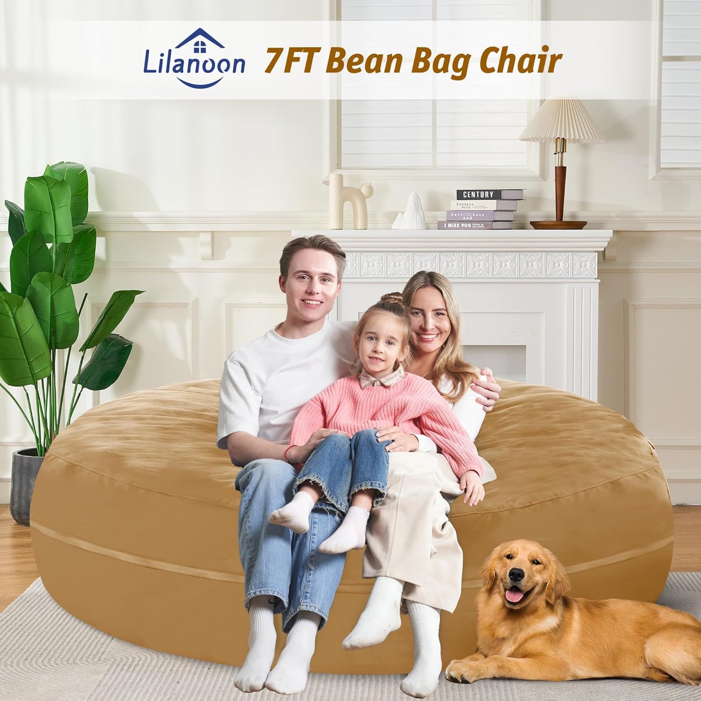 7FT Bean Bag Chair with Ultra Soft Velvet Cover Bean Bag Sofa with Memory Foam Bean Bag Chairs with Large Size Lazy Sofa for Dorm Office Living Room Bedroom Camel 7'
