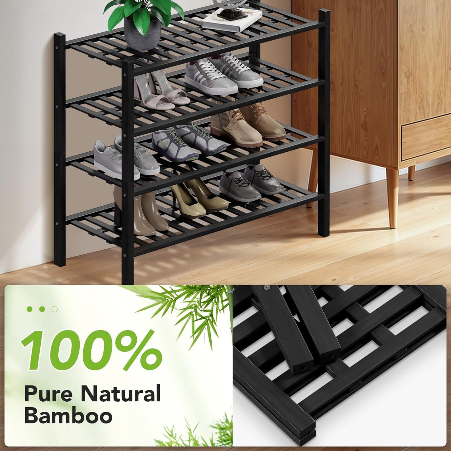 Haddockway 4 Tier Bamboo Shoe Rack Storage Organizer, Multifunctional Free Standing Stackable Shoe Shelf with Grid Panel for Closet,Hallway,Entryway,Small Space 27"x11"x26" (Black, 4 Tier)