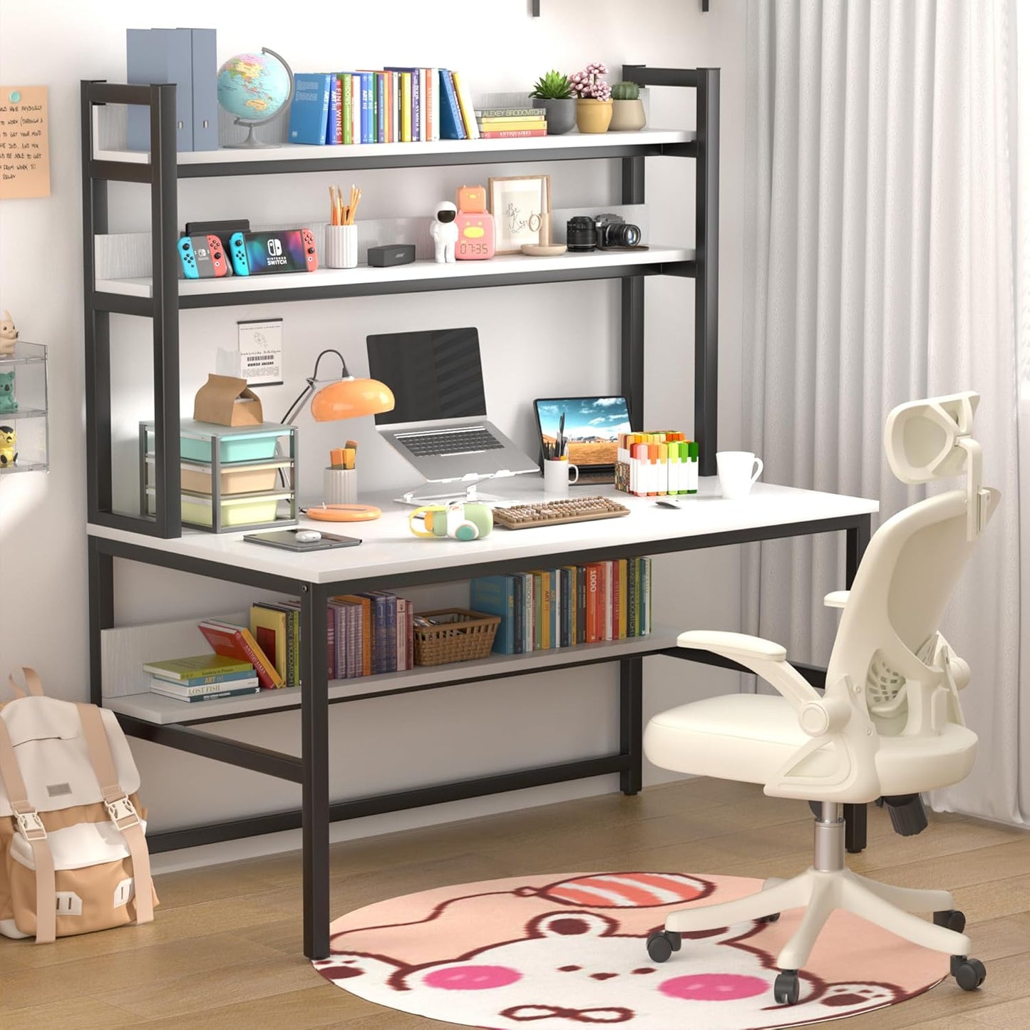 Aquzee Computer Desk, Easy Assembly Gaming Table with Hutch and Shelves, 4 Tiers Desk with Large Wood Desktop, Metal Legs, Ideal for Storage Study Work Writing Homework, White, 55Wx65Hx23.6D Inches