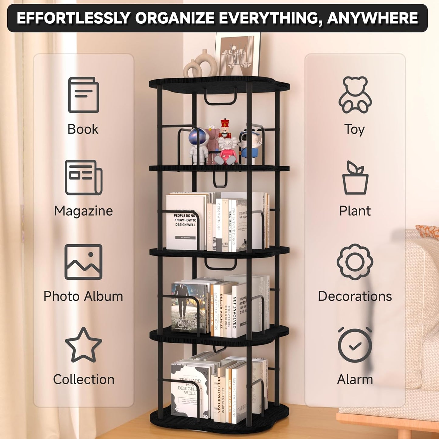 4-Tier Rotating Book Shelf, 360° Display Spinning Bookshelf Tower, Book Organizer, Floor Standing Bookcases for Small Space, Corner Book Shelf for Bedroom, Living Room, Study Room (Black)