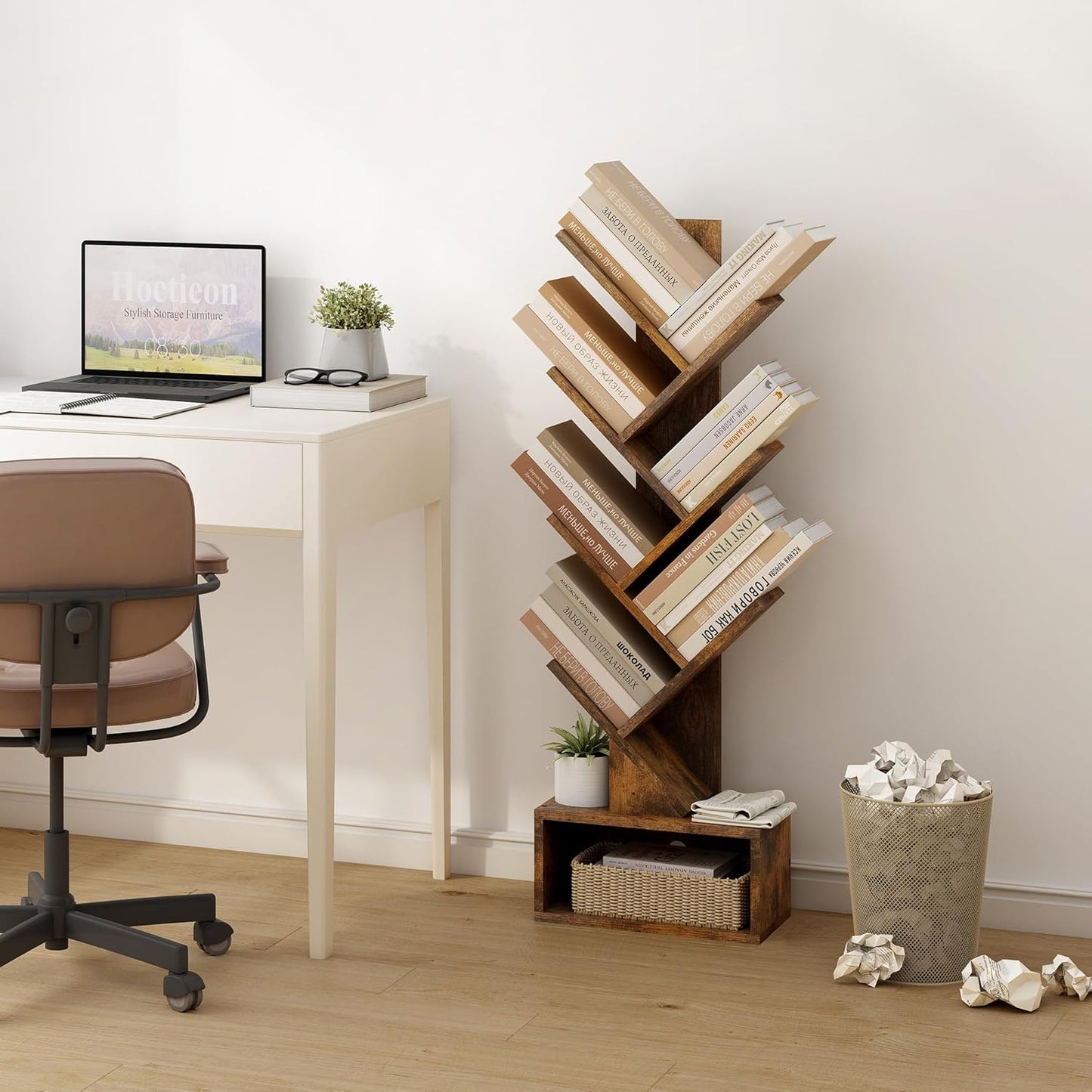 Hoctieon 6 Tier Tree Bookshelf, Tall Bookcase with Drawer, Freestanding Book Shelf, Display Floor Standing Storage Shelf, Book Organizer Shelves for Home Office, Rustic Brown