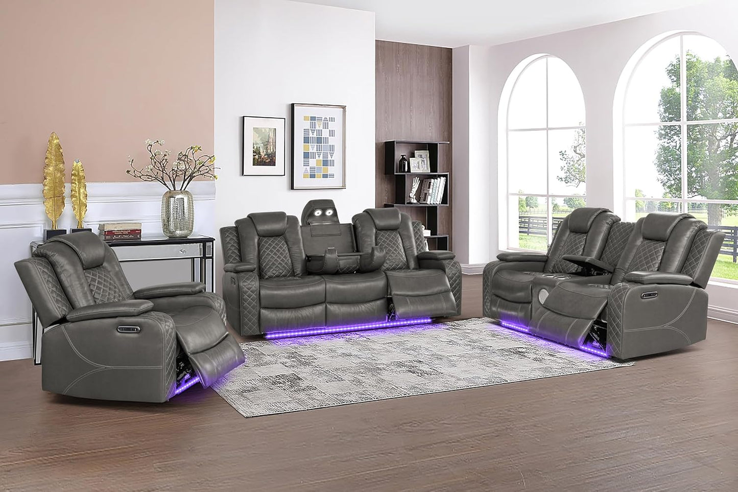 Ball & Cast Power Recliner Sofa Set Leather Reclining Sofa Set Living Room Furniture Set 3PCS Recliner Couch Loveseat & Chair Sets with Wireless Charging,Bluetooth Speaker,Cup Holders for Home Theater