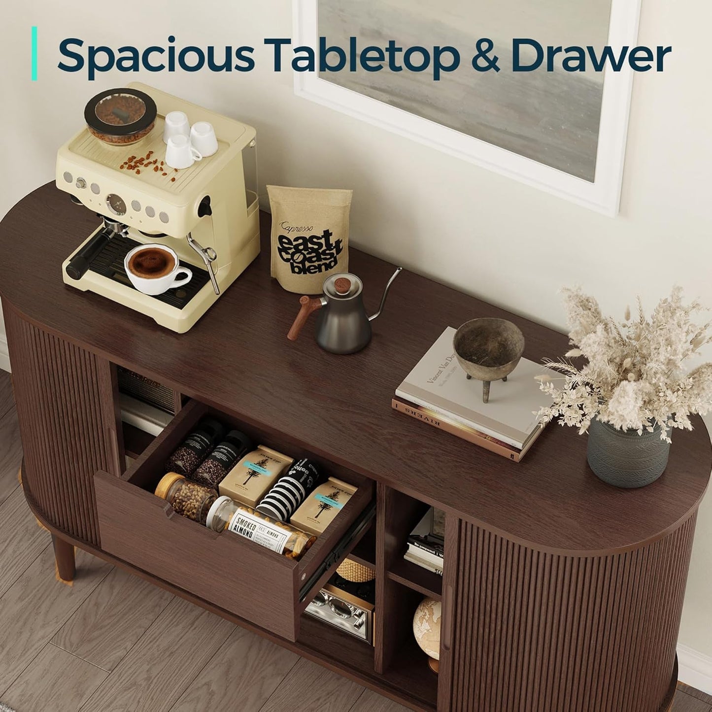 LINSY HOME Sideboard Buffet Cabinet with Storage, 55" Fluted Coffee Bar Cabinet with Tambour Sliding Doors and Drawer, Mid Century Modern Wood Storage Buffet Table for Kitchen, Vintage Walnut