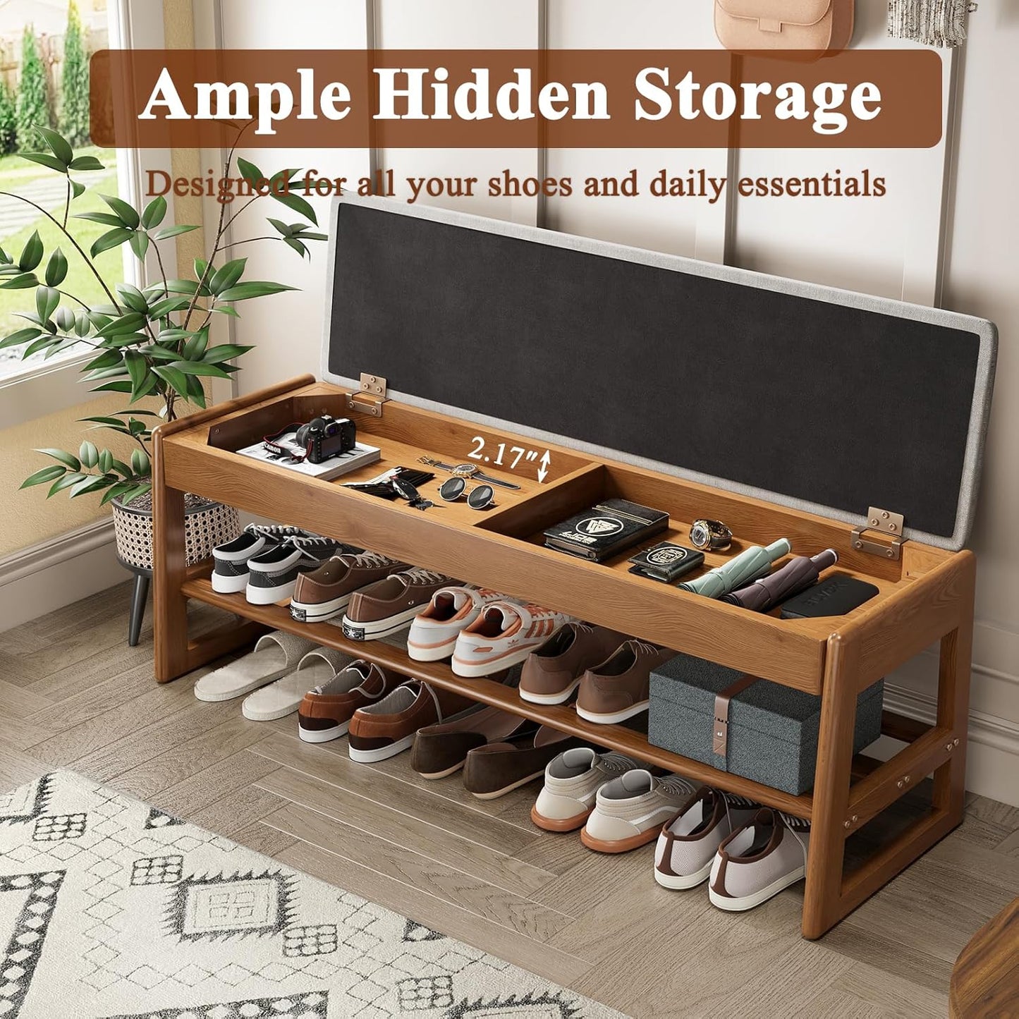 Shoe Rack Bench with Cotton-Linen Cushion 2-Tier Wooden Storage Bench 550lbs Compact Simple & Modern Design for Entryway, Hallway, Bedroom, Living Room, Closet, Front Door Entrance, Foyer