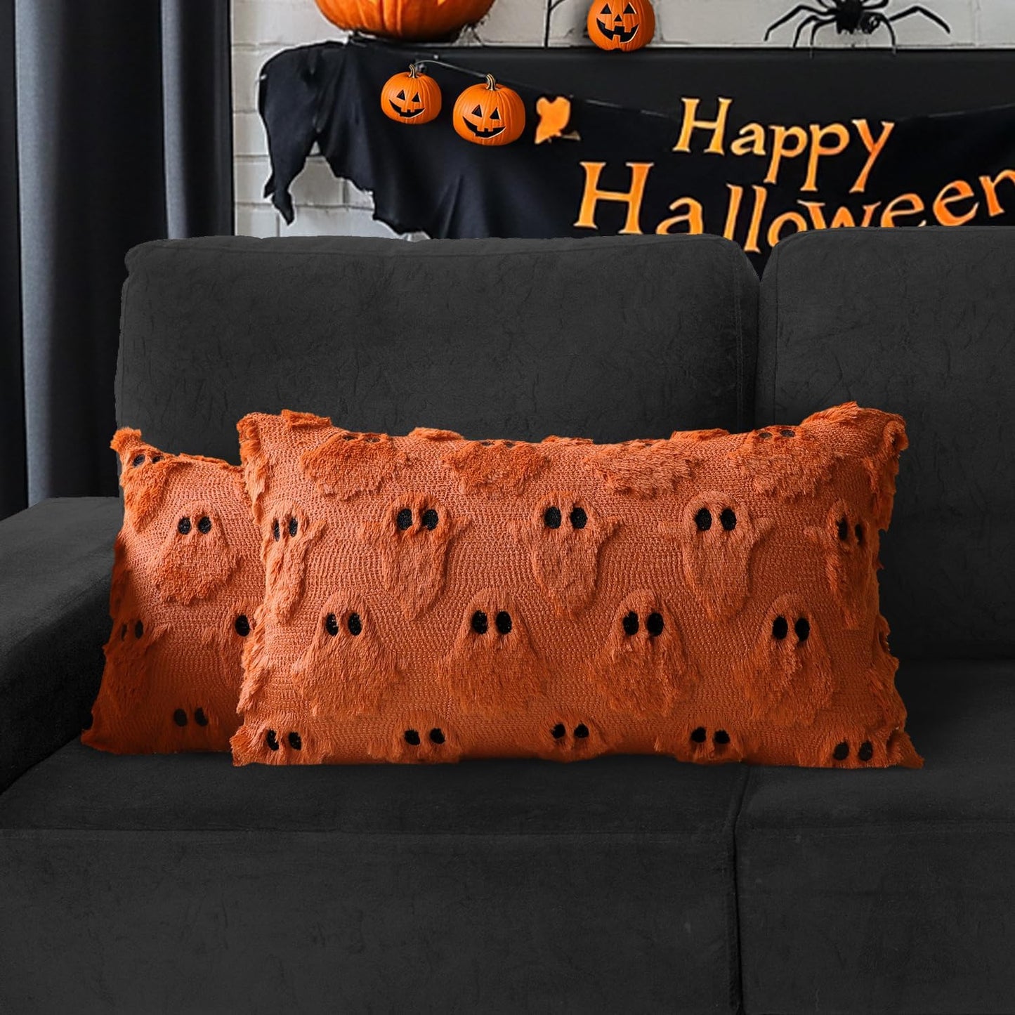 4TH Emotion Halloween Ghost Decorative Lumbar Pillow Covers 12x20 Set of 2, Rust Red Soft Plush Faux Fur Farmhouse Throw Cushion Cases for Fall Autumn Holiday Home Decorations