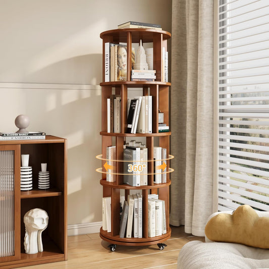 4-Tier Rotating Bookshelf, 360° Spinning Stackable Bookcase, Freestanding Bookshelf for Home Office Study Room Bedroom Living Room