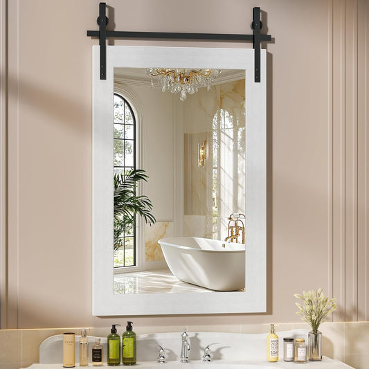 Hasipu Farmhouse Bathroom Mirror, 24"x36" Rustic Wood Framed Wall Mounted Mirror, White Vintage Vanity Mirror Barn Door Style Decrative Mirrors