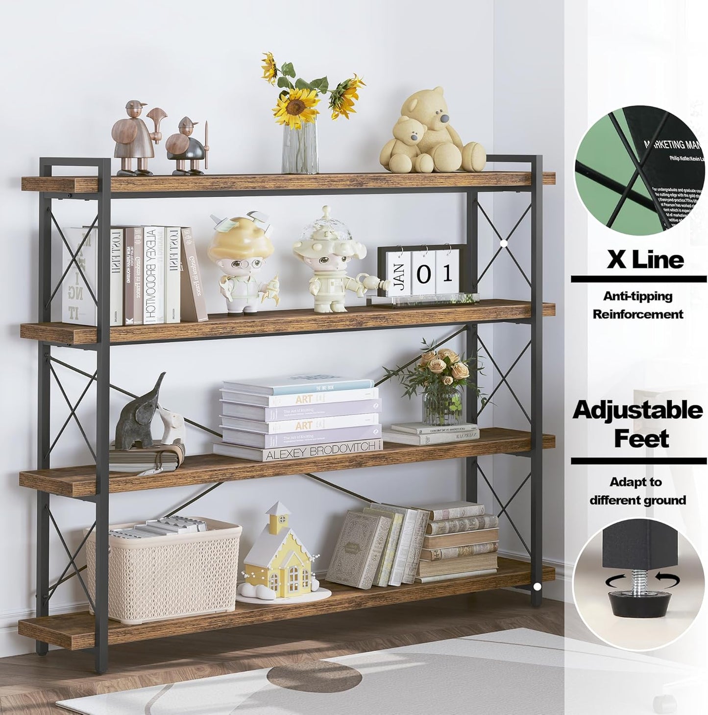 HCHQHS Large Bookshelf, 4-Tier Long Industrial Bookcase, Rustic Brown Book Shelf, Freestanding Horizontal Bookshelves with Metal Frame