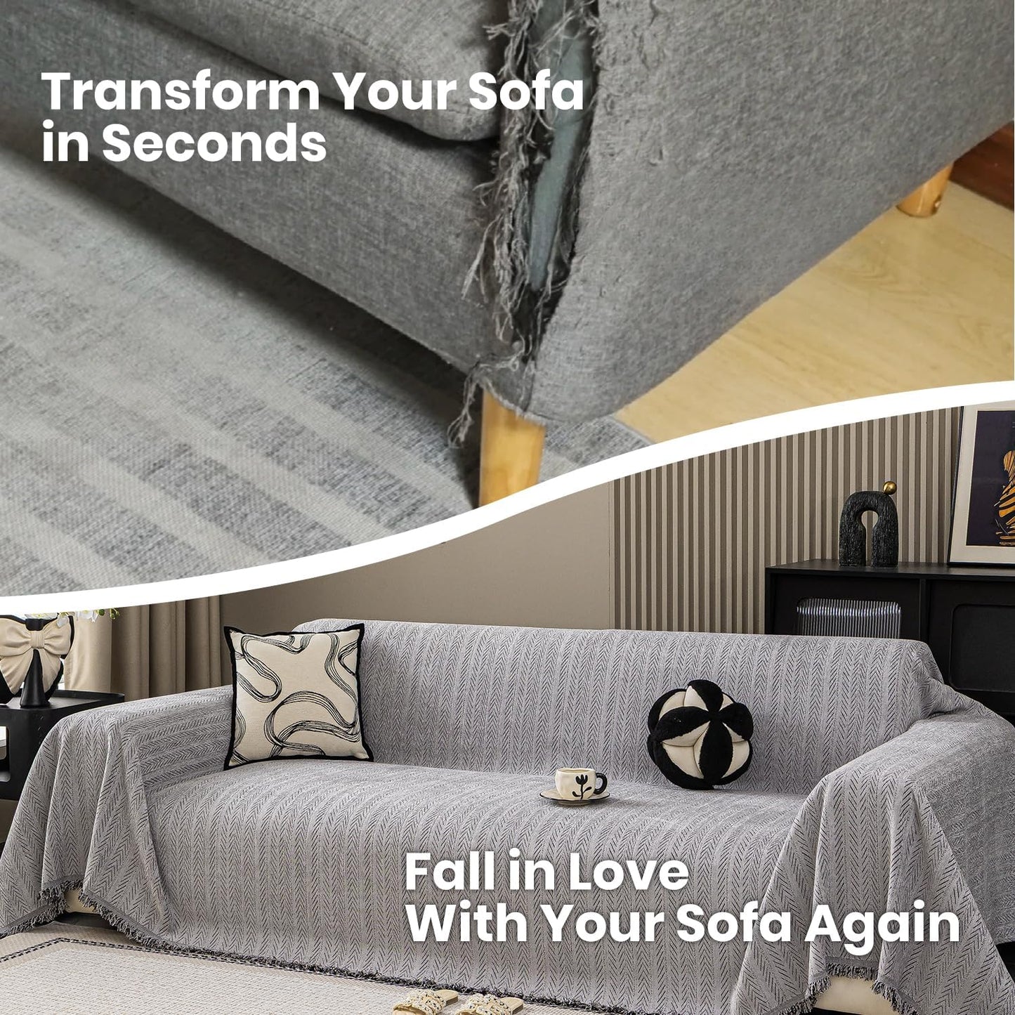 Nobildonna Sofa Cover Washable Soft Thicken Chenille Couch Cover with Tassel,Waterproof Sofa Slipcover for 3-4 Cushion Couch,Sectional Sofa,L-Shaped Furniture Protector Pet-Friendly,Gray 71"x150"