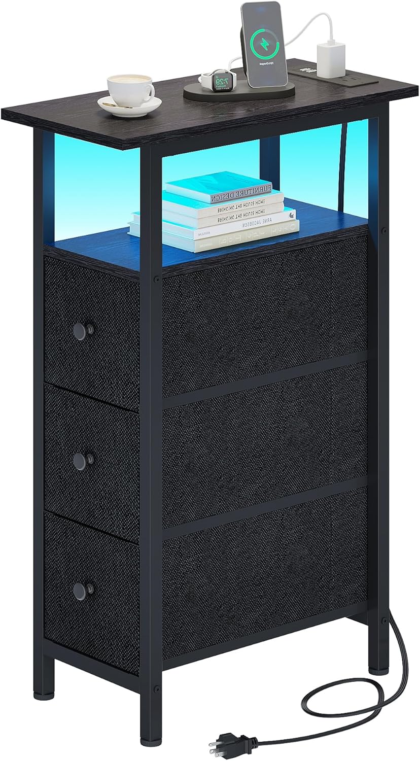 End Table with Charging Station, Narrow Side Table with 3 Fabric Drawers, Skinny Nightstand with LED Light, Slim Bedside Table for Bedroom, Living Room, Small Spaces, Black