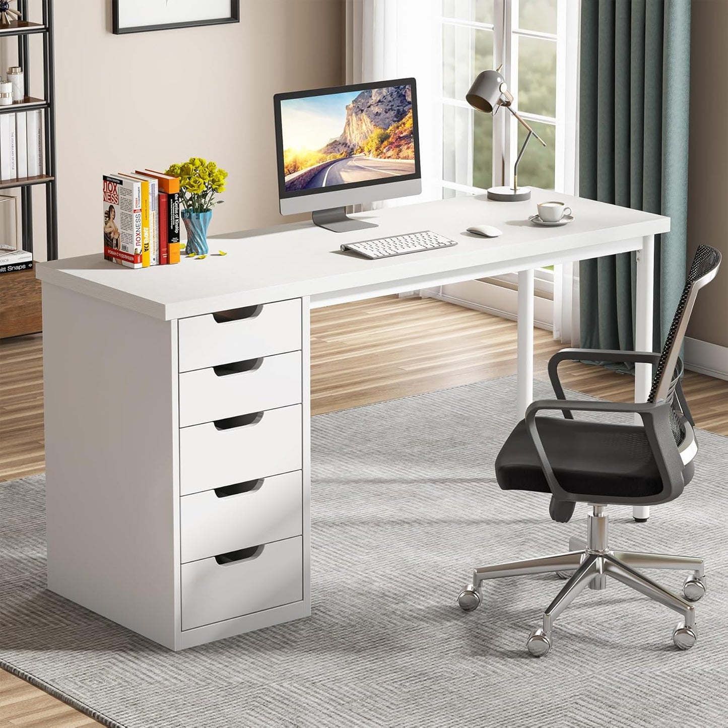 Tribesigns Computer Desk with 5 Drawers, 47 inches Rustic Brown Home Office Desk with Storage, Modern Simple Laptop Desk Study Writing Table for Small Spaces (1, White)