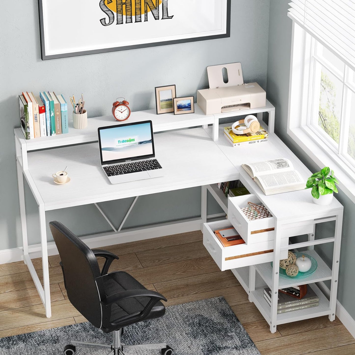 Tribesigns 55-inches Reversible L Shaped Desk with Drawer, Modern White L Corner Desk Home Office Table with Storage Shelves and Monitor Stand, Wooden and Metal PC Desk for Small Space