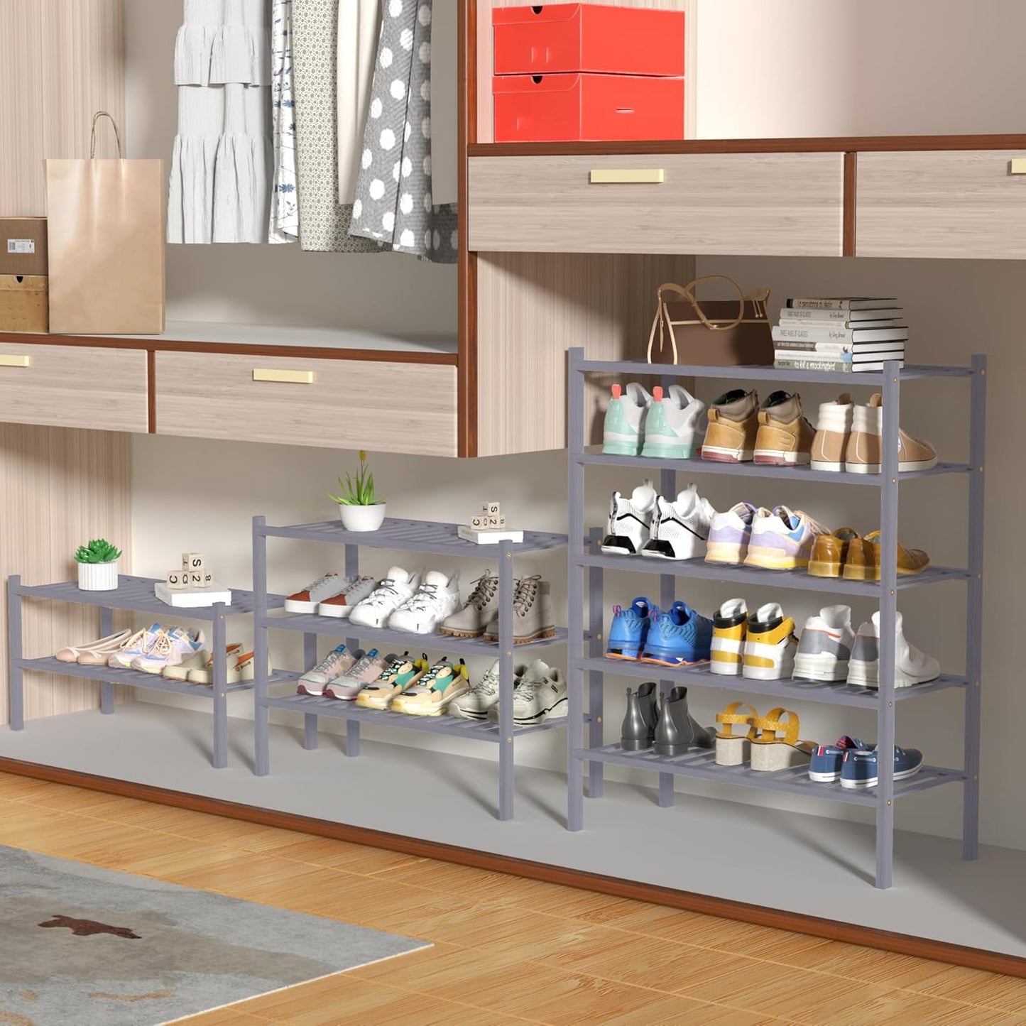 4 Tier Bamboo Shoe Rack for Closet Free Standing Wood Shoe Shelf for Entryway Small Space Stackable 27"x11"x26" (Grey)