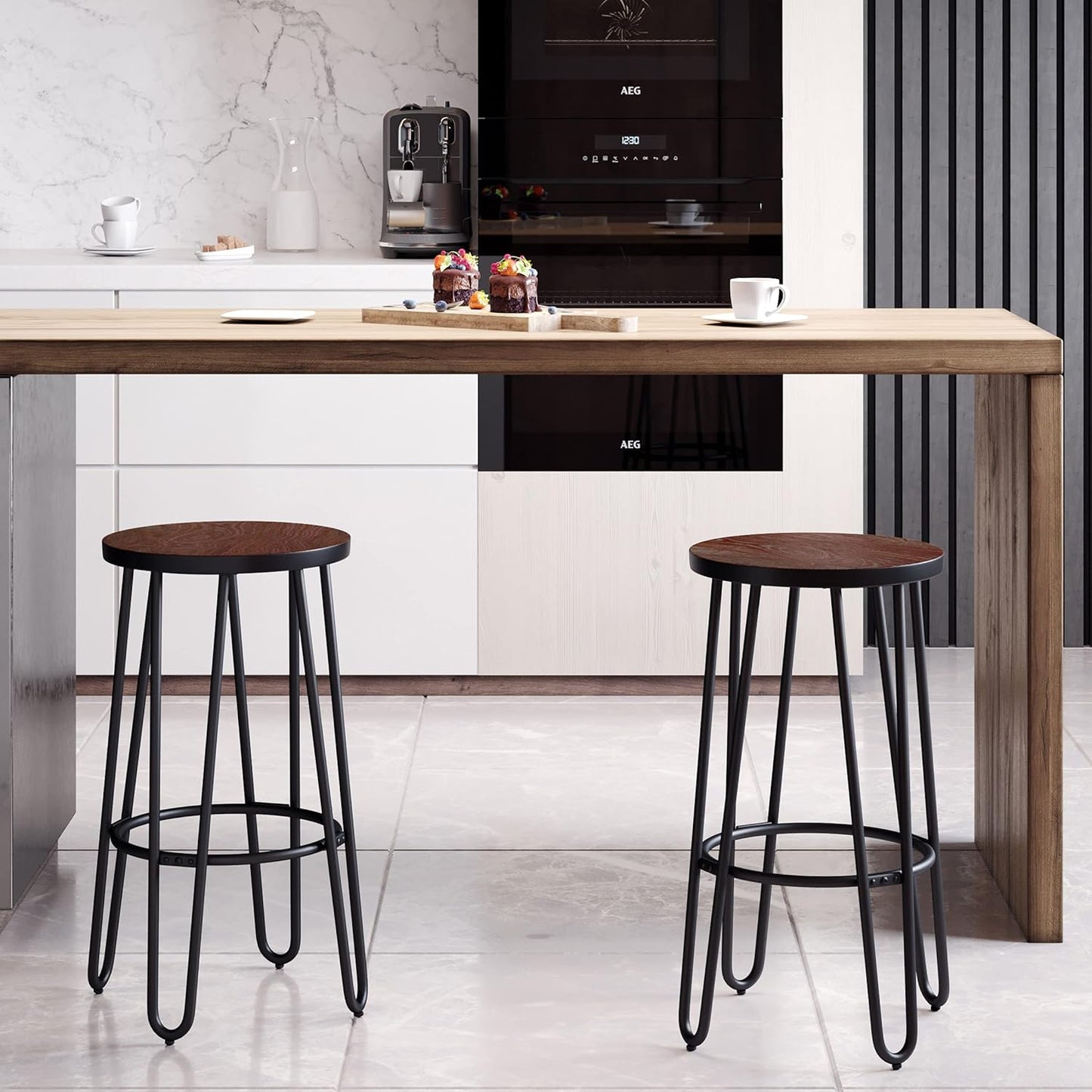 Set of 2 Bar Stools - 24-Inch-Tall Backless Barstools with Hairpin Legs and Wood Seat for Kitchen, Dining Room, or Bar by Lavish Home