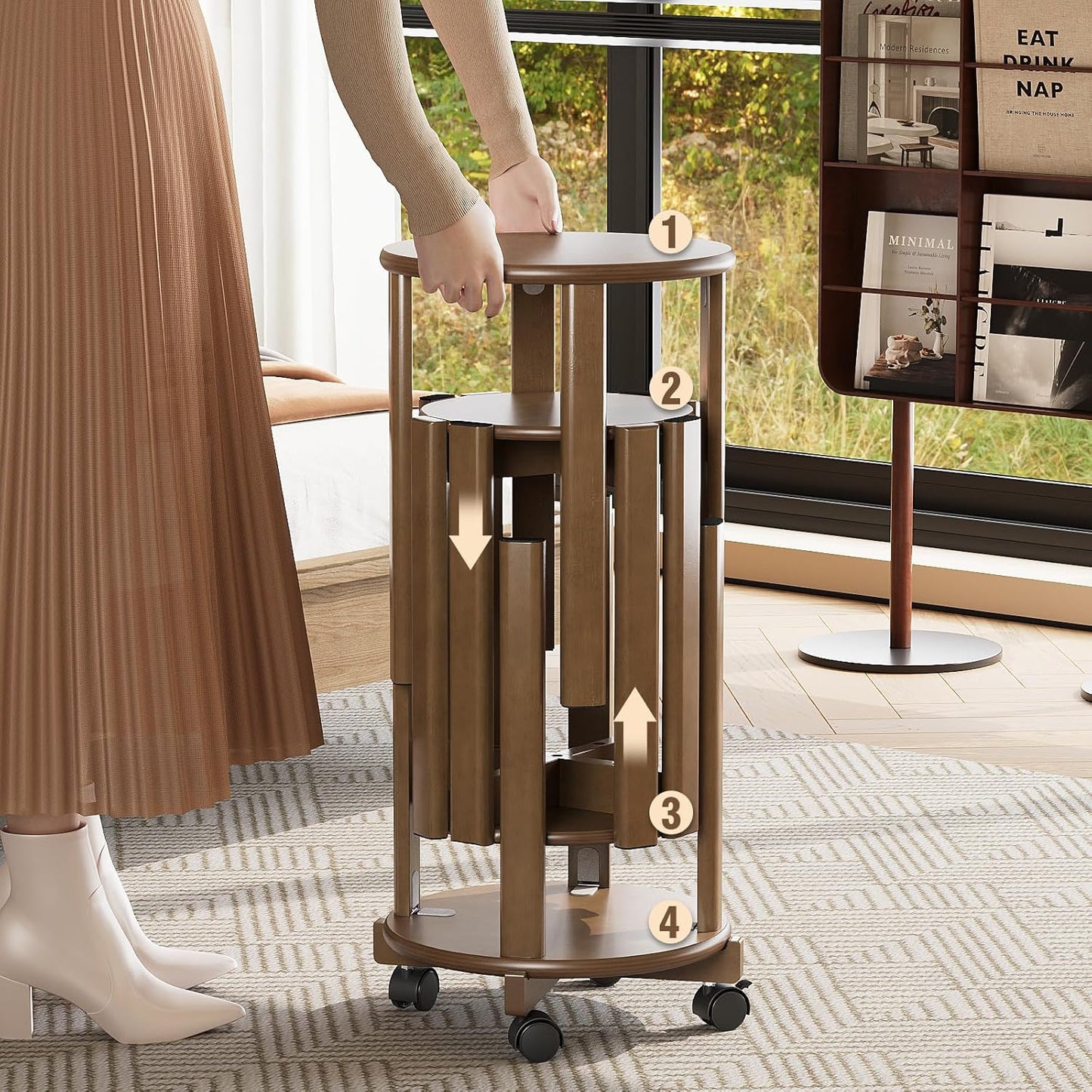 Stackable Stools Set of 4, 4‑in‑1 Bamboo Nesting Stools & End Tables with Wheels, 18″ Round Portable Barstools No‑Assembly Stool for Kitchen Living Room Bar Dorm, Walnut