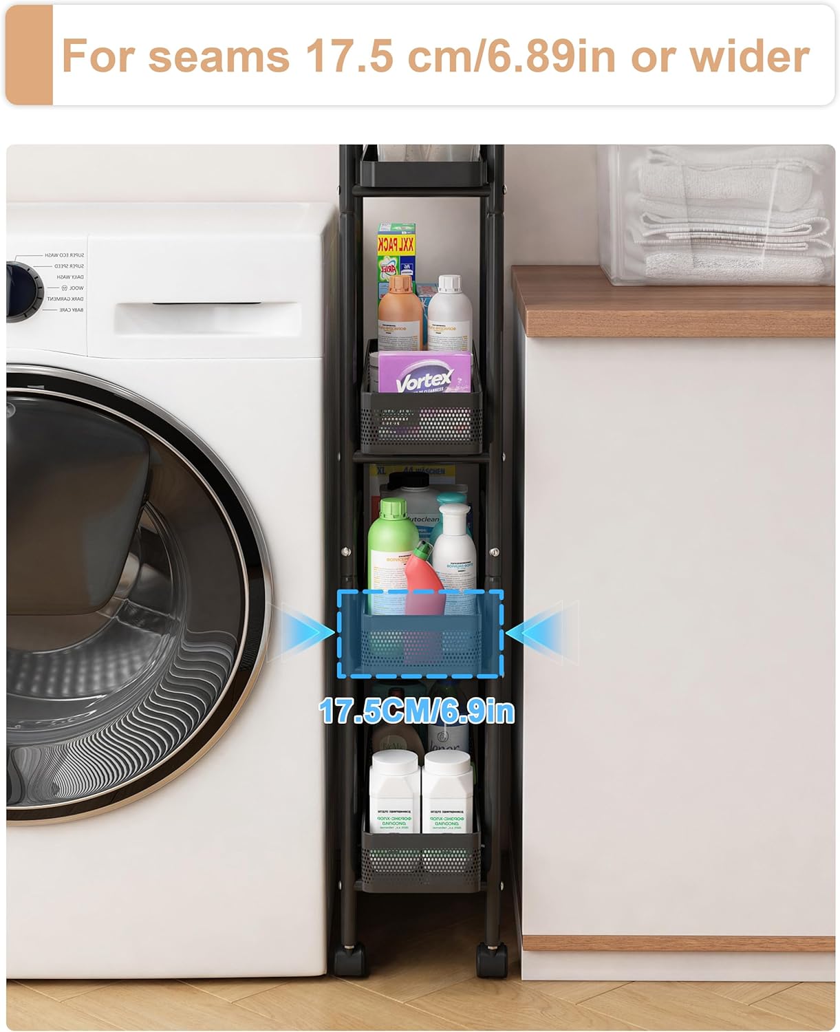 UMDONX Slim Storage Cart 4 Tier with Pull Out Basket Bathroom Organizer Rolling cart, Rolling Utility Cart Slide Out Organizer for Kitchen, Bathroom, Laundry Black