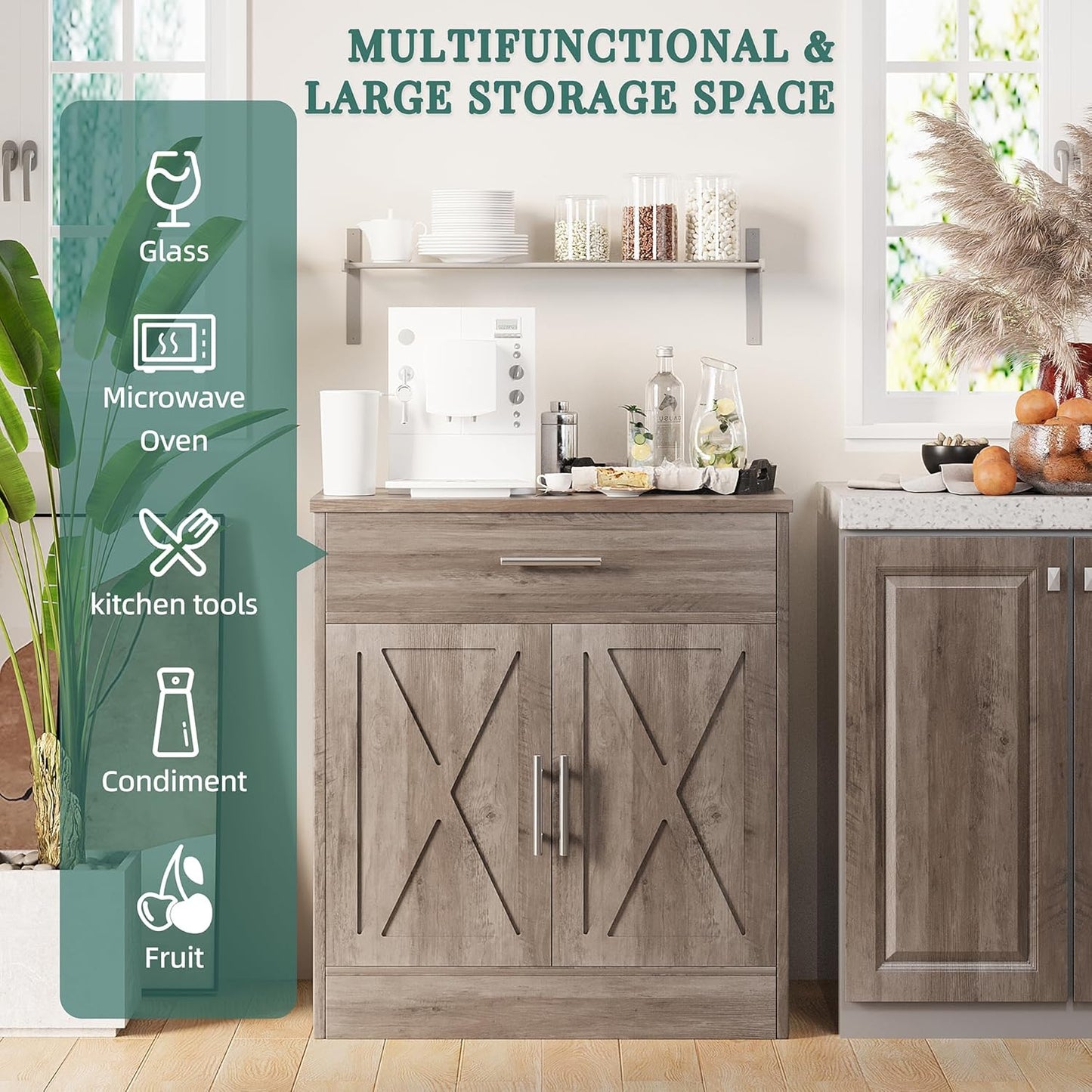 Shintenchi Farmhouse Storage Cabinets with Doors and Shelves,Kitchen Barn Door Storage Cabinet with Drawers,Coffee Bar Cabinet Buffest Sideboard for Dining Room,Living Room,Bathroom,Entryway,Ash Grey