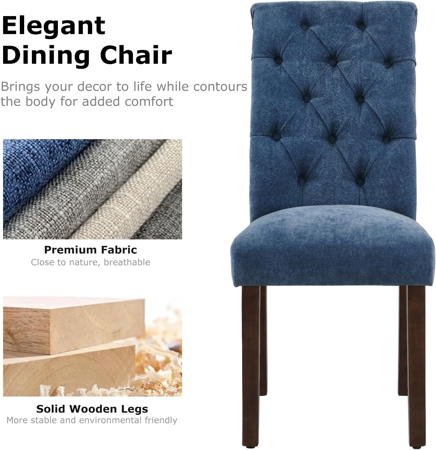 COLAMY Button Tufted Dining Chairs Set of 6, Parsons Upholstered Fabric Dining Room Chairs Kitchen Chairs with Wood Legs and Padded Seat, Blue