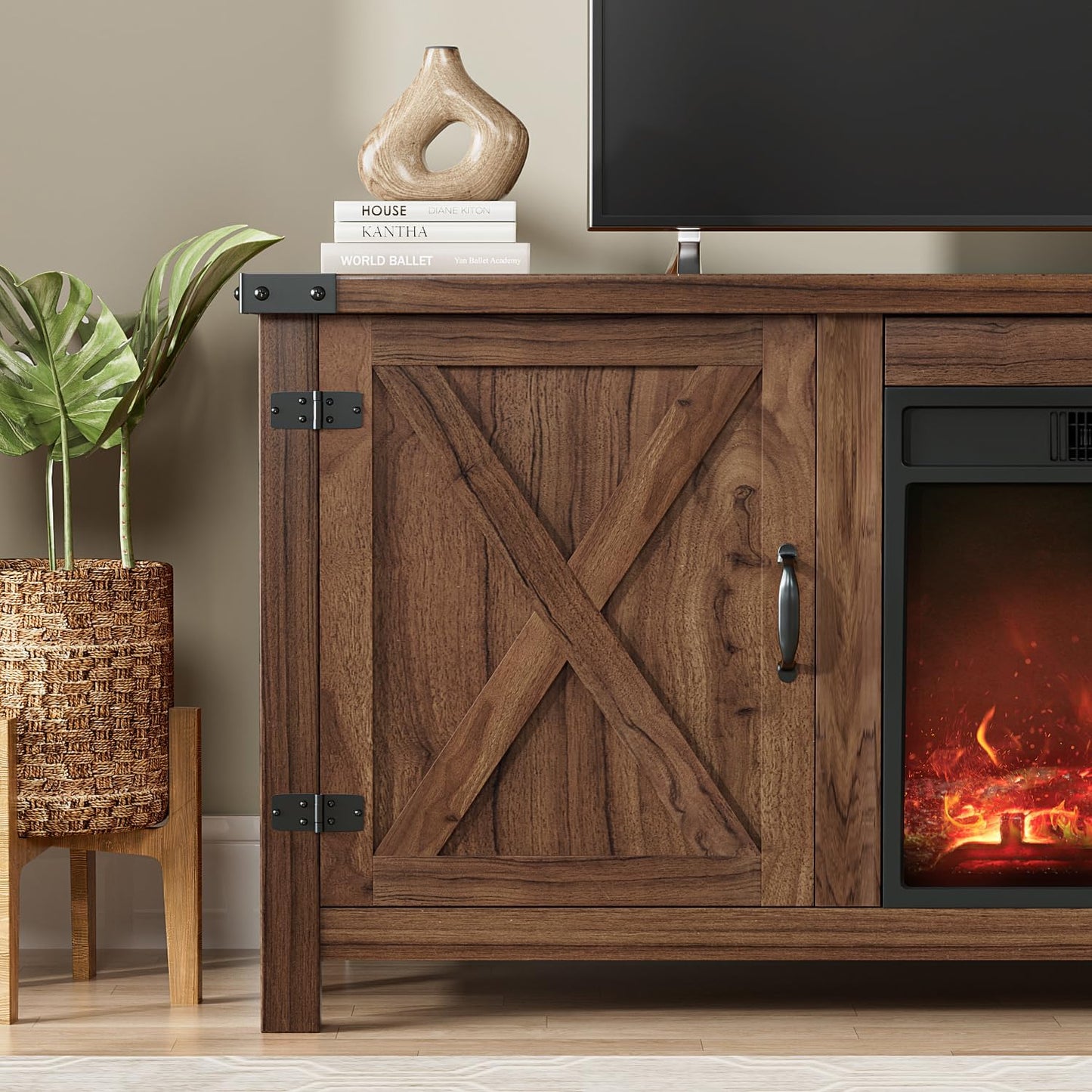 YESHOMY Fireplace TV Stand with Two Barn Doors and Storage Cabinets for Televisions up to 65+ Inch, Entertainment Center Console Table, Media Furniture for Living Room, 58 Inch, Walnut