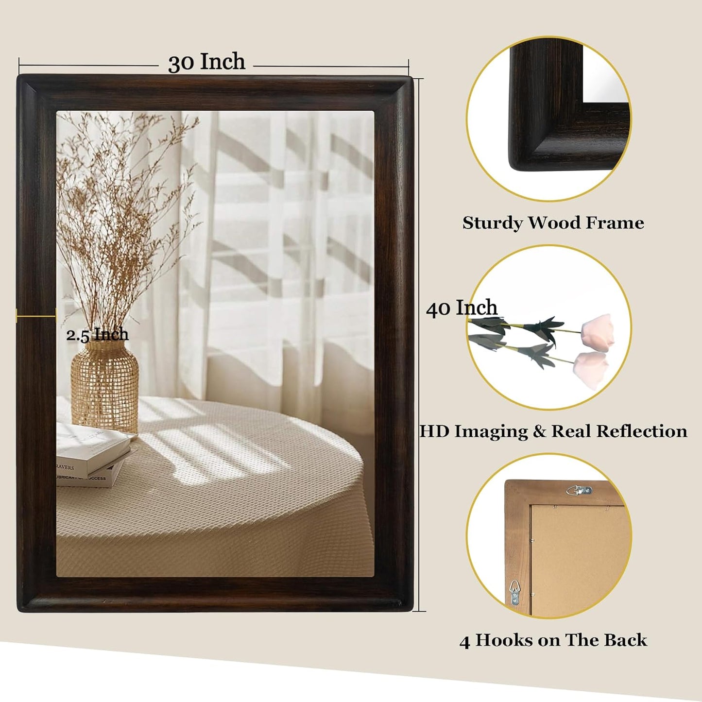 CULER Rustic Wood Wall Mirror for Bathroom,Rectangle Large 30 x 40 inch Hanging Vanity Black Mirrors with Wooden Frame for Living Room,Bedroom,Entryway(Dark Walnut)