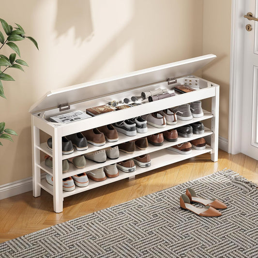 Shoe Rack Bench Seat Rubberwood 3-Tier Wooden Storage Bench 550lbs Compact Mid-Century Modern Design for Entryway, Hallway, Closet, Front Door Entrance, Foyer