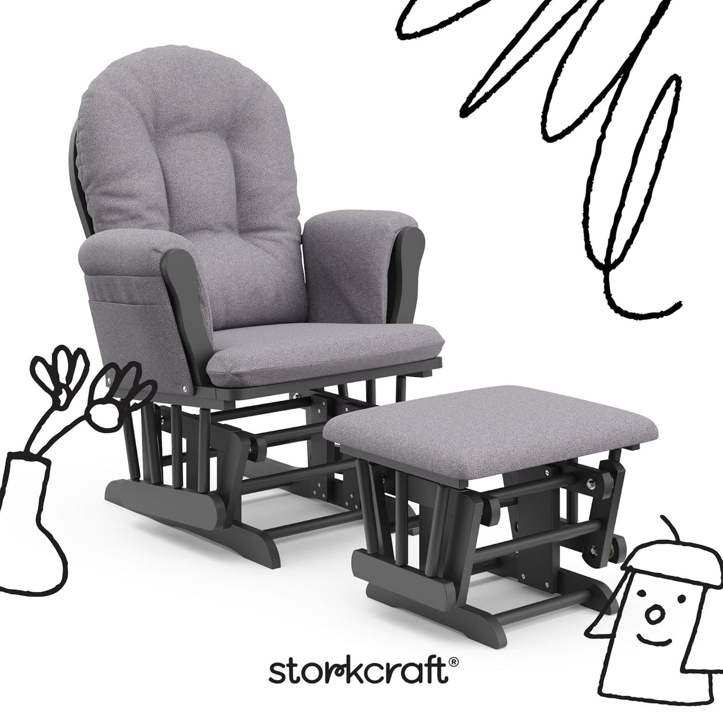 Storkcraft Premium Hoop Glider & Ottoman (Gray/Gray Swirl) — GREENGUARD Gold Certified Nursery Glider, Solid Wood Craftsmanship, Smooth-Gliding Nursery Chair and Ottoman, Award-Winning