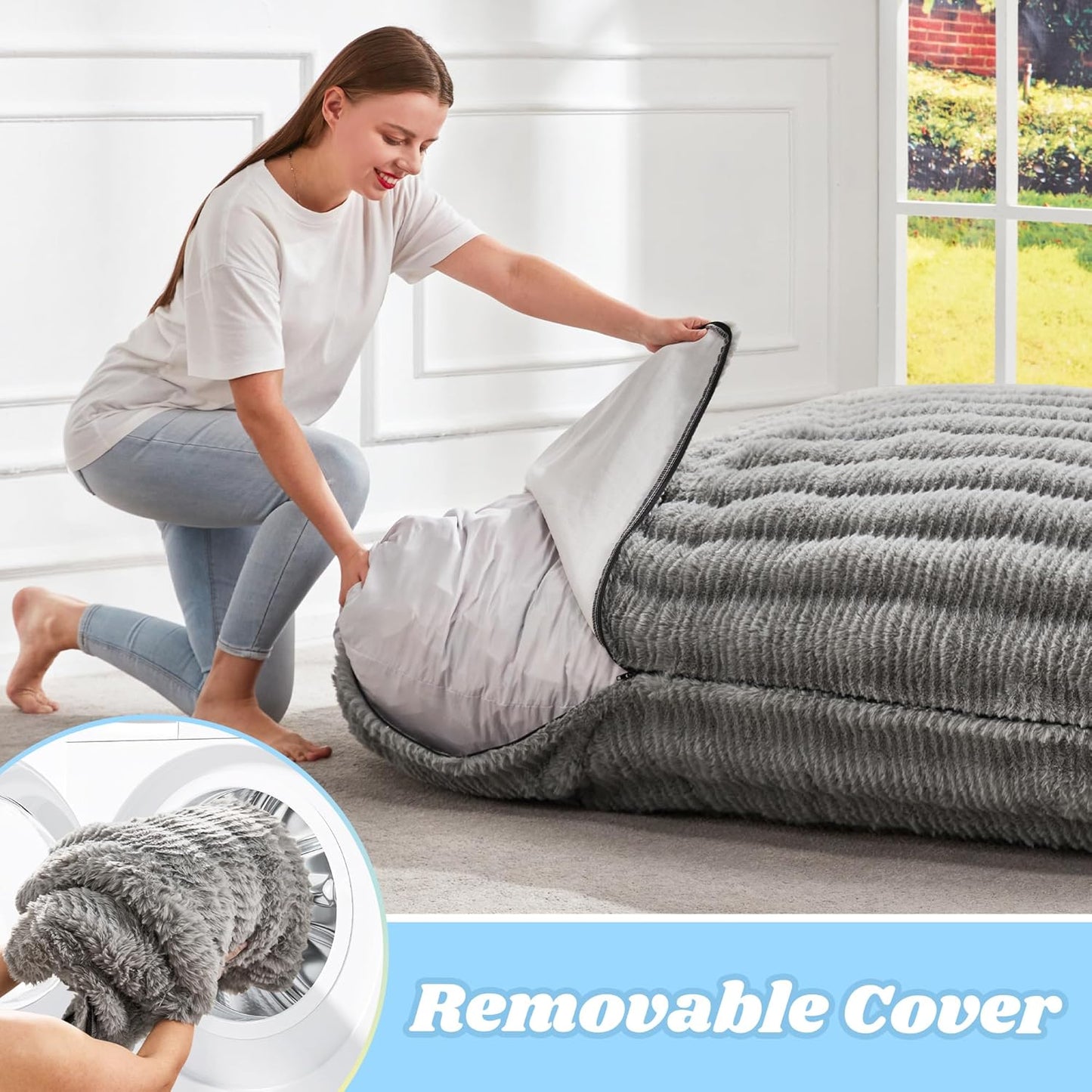 Hobestluk 3 in 1 Bean Bag Chair Giant Bean Bag Chairs for Adults with Ripple Cover Convertible Bean Bag Floor Cushion with Machine Washable Cover for Living Room (Ripple Grey)