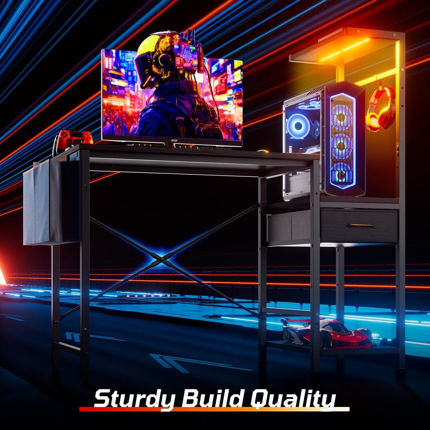 Bestier Gaming Desk with LED Lights, 44 Inch Reversible Computer Desk with Drawers & Storage Shelves for Small Spaces, PC Gamer Table with Storage Bag & Side Hook, Black