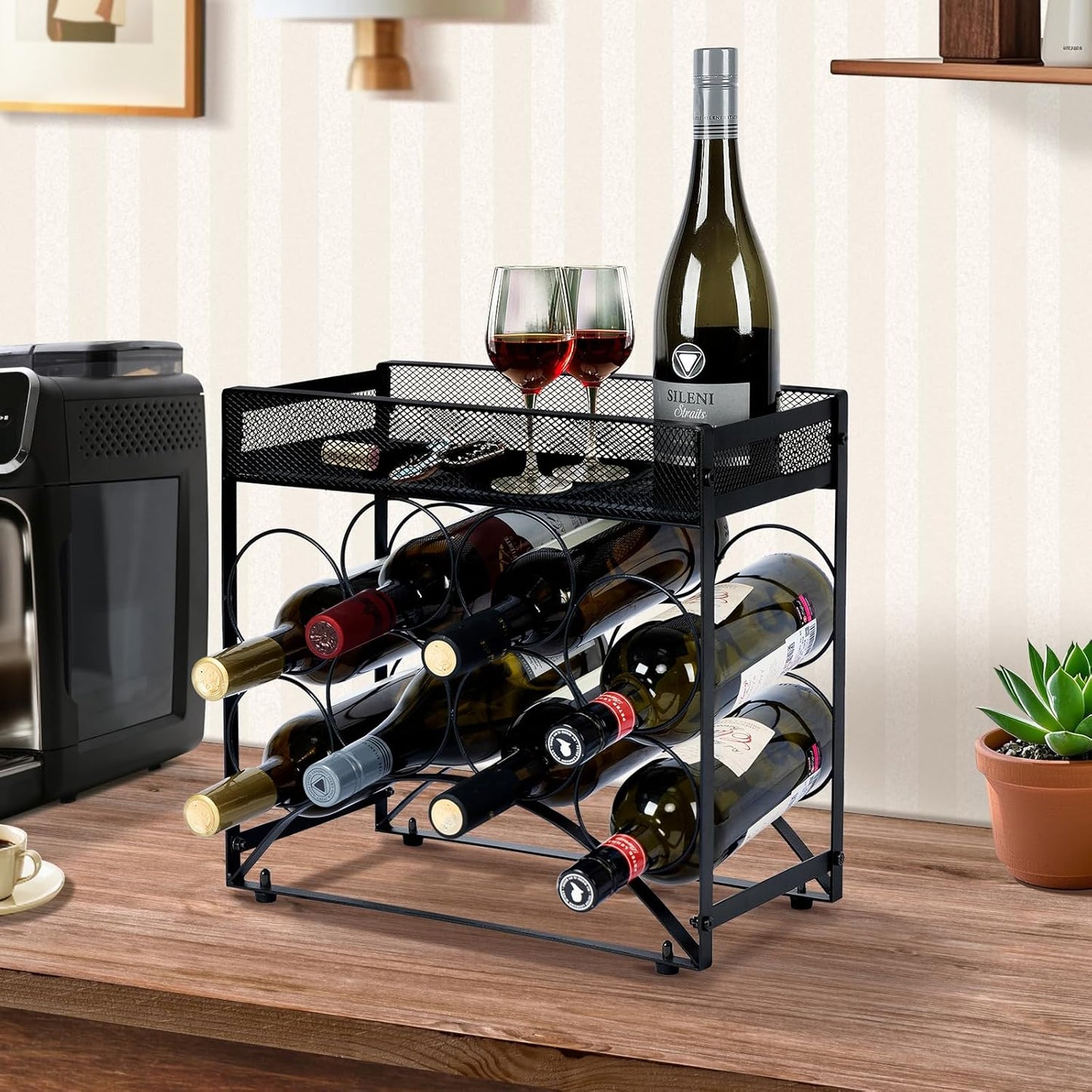 NOBLEMOOD 8 Bottles Countertop Wine Rack, Metal Tabletop Wine Bottles Holder with Top Storage Basket, Small Wine Rack Stand with Tray, Adjustable Feet for Home Kitchen Counter Dining Room
