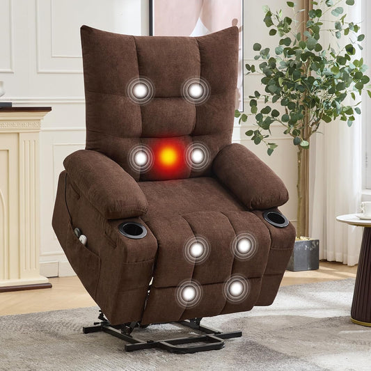GarveeHome Power Lift Recliner Chair for Elderly with Massage and Heat, Oversized Electric Massage & Heat Recliner with Soft Padded Upholstery, Side Pocket & Cup Holders for Living Room, Brown