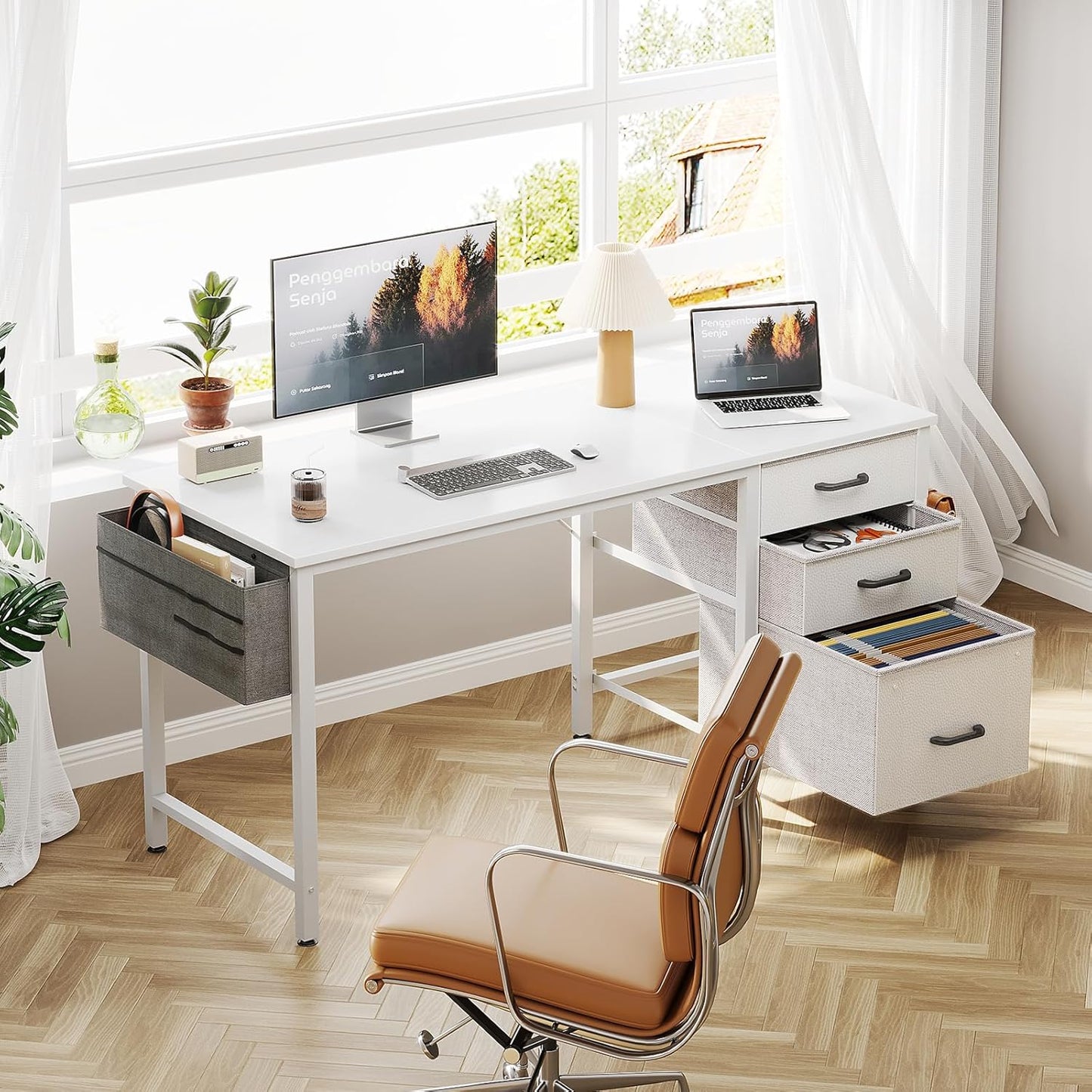 Casaottima 40" Small Computer Home Office Desk for Bedroom with Fabric Drawers & File Cabinet, Cloth Storage Bag and Hook, Writing Study Work Table for Small Space, White