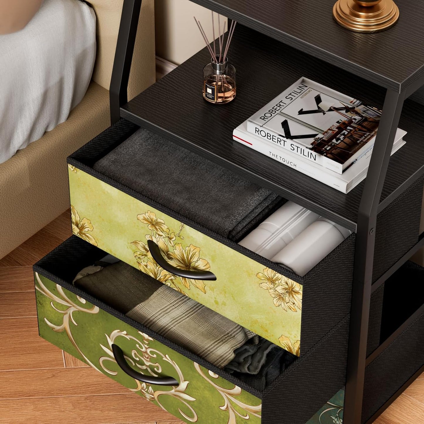 Furnulem Retro Night Stand with 3 Drawers and 2-Tier Shelf, Small Nightstand Side Table, Vintage Storage Dresser for Bedroom, Fabric Drawer Organizer for Closet, Beside Furniture