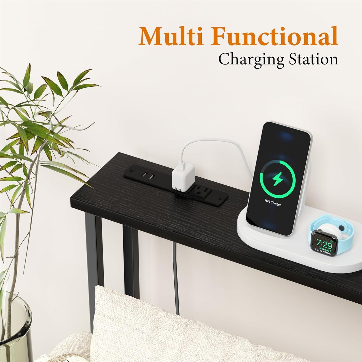 GRLEAF 39" Narrow Console Sofa Table with Built-in Power Strip (4 AC Outlets & 4 USB Ports) – 4.9ft Power Cord, Metal Frame, Easy Assembly, Ideal for Behind Couch, Hallway, and Home Office | Black