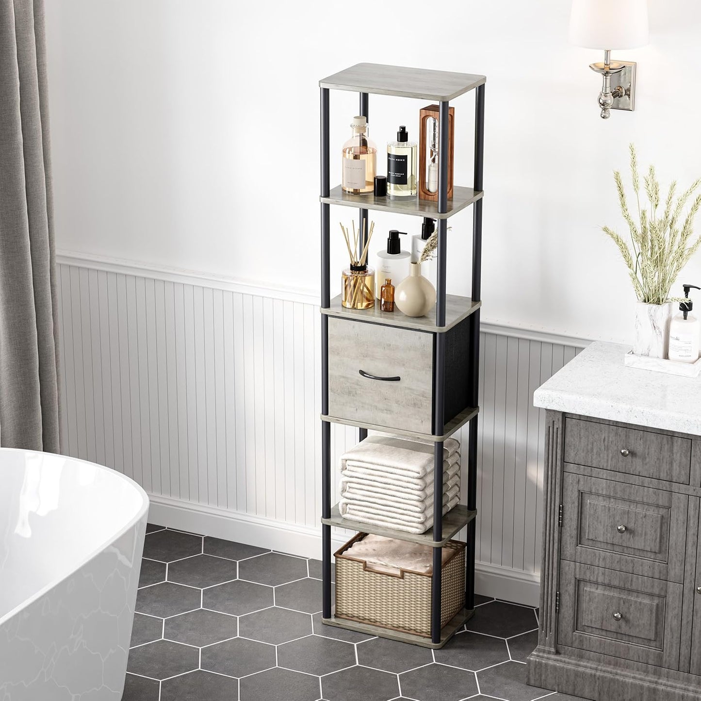 6-Tier Bookshelf with Drawer, Narrow Bookshelves Organizer, Floor Standing Ladder Shelf,Tall Bookcase for Small Space, Book shelf with Storage for Living Room, Bedroom, Office, Study Light Oak HBC505Z