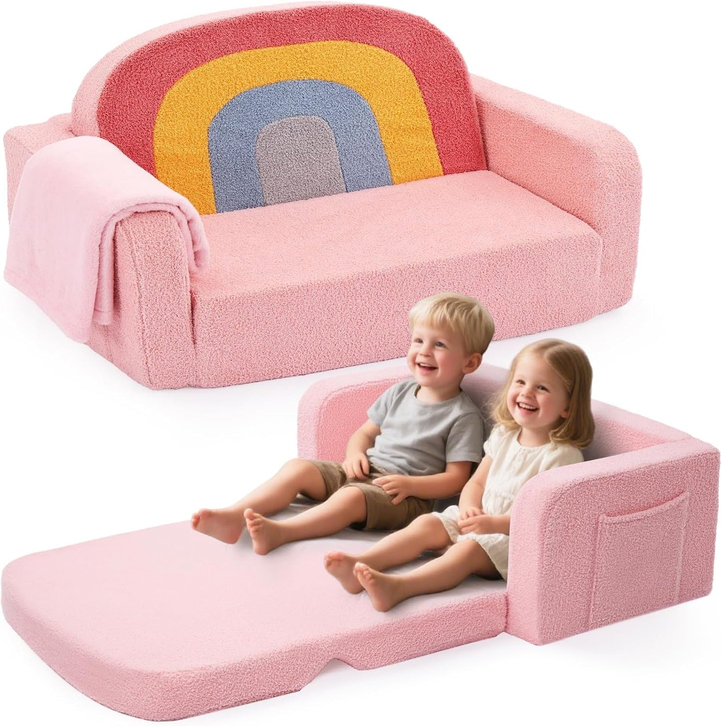 Extra Wide Kids Couch, 2-in-1 Soft Toddler Couch with Blanket, Comfy Toddler Chair, Convertible Sofa to Lounger with Cute Colorful Rainbow Design, Pink