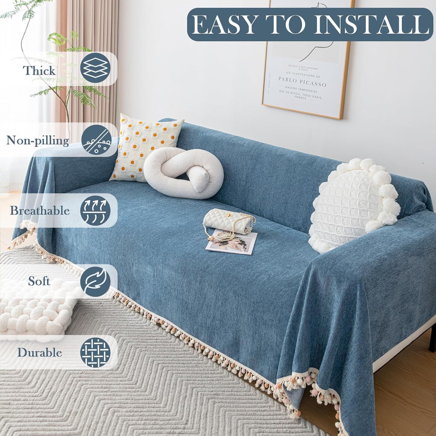 HANDONTIME Couch Slipcover Dog Sofa Covers Boho Couch Cover for Dogs Blue Sofa Throw Cover Bohemian Sofa Covers for 3 Cushion Couch Herringbone Sectional Couch Cover Slipcovers for Sofas, 91" X150"