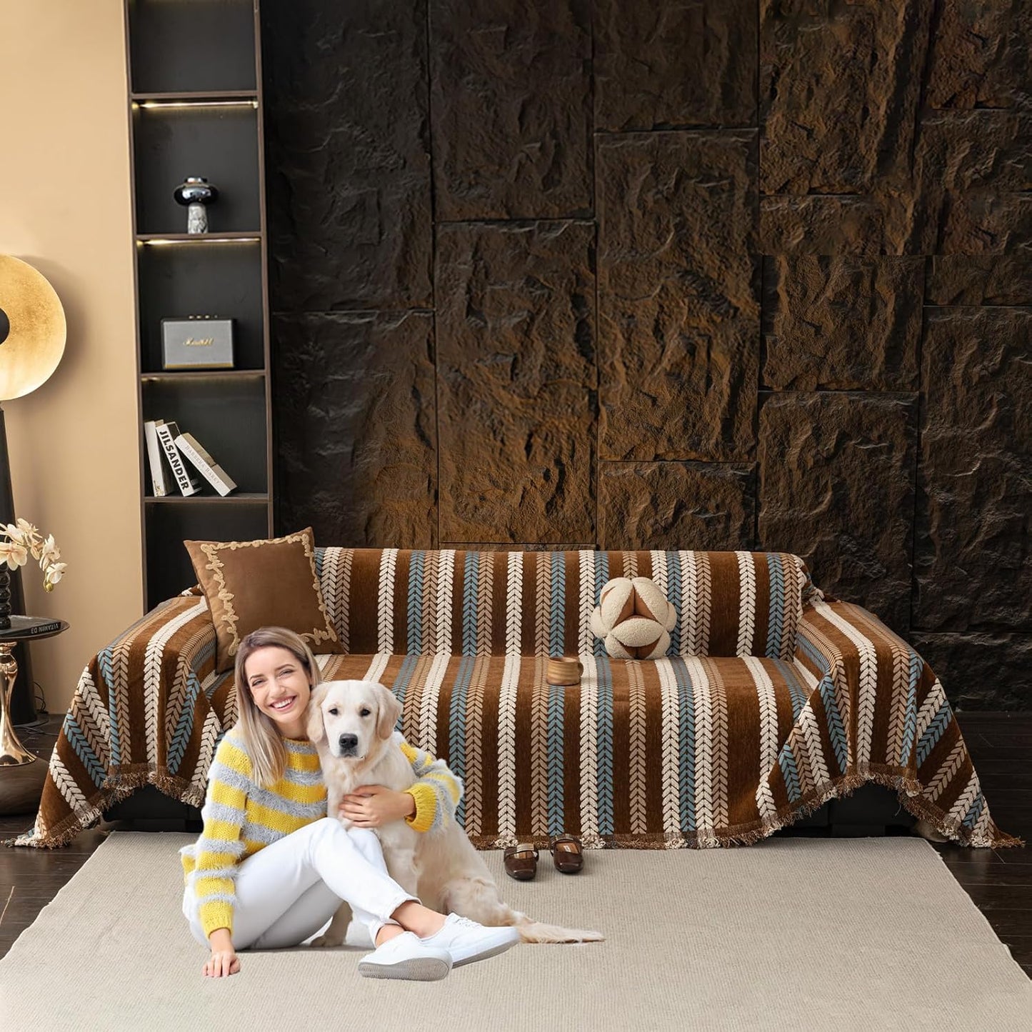 STACYPIK Khaki Jacquard Leaves Sofa Cover, Vintage Couch Cover for Dogs, Washable Pet Protector for 2 Cushion Couch, Non-slip Chenille Sofa Covers for Loveseat, Boho Couch Cover for Sectional-71X118IN