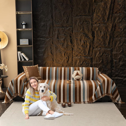 STACYPIK Khaki Jacquard Leaves Sofa Cover, Vintage Couch Cover for Dogs, Washable Pet Protector for 2 Cushion Couch, Non-slip Chenille Sofa Covers for Loveseat, Boho Couch Cover for Sectional-71X118IN